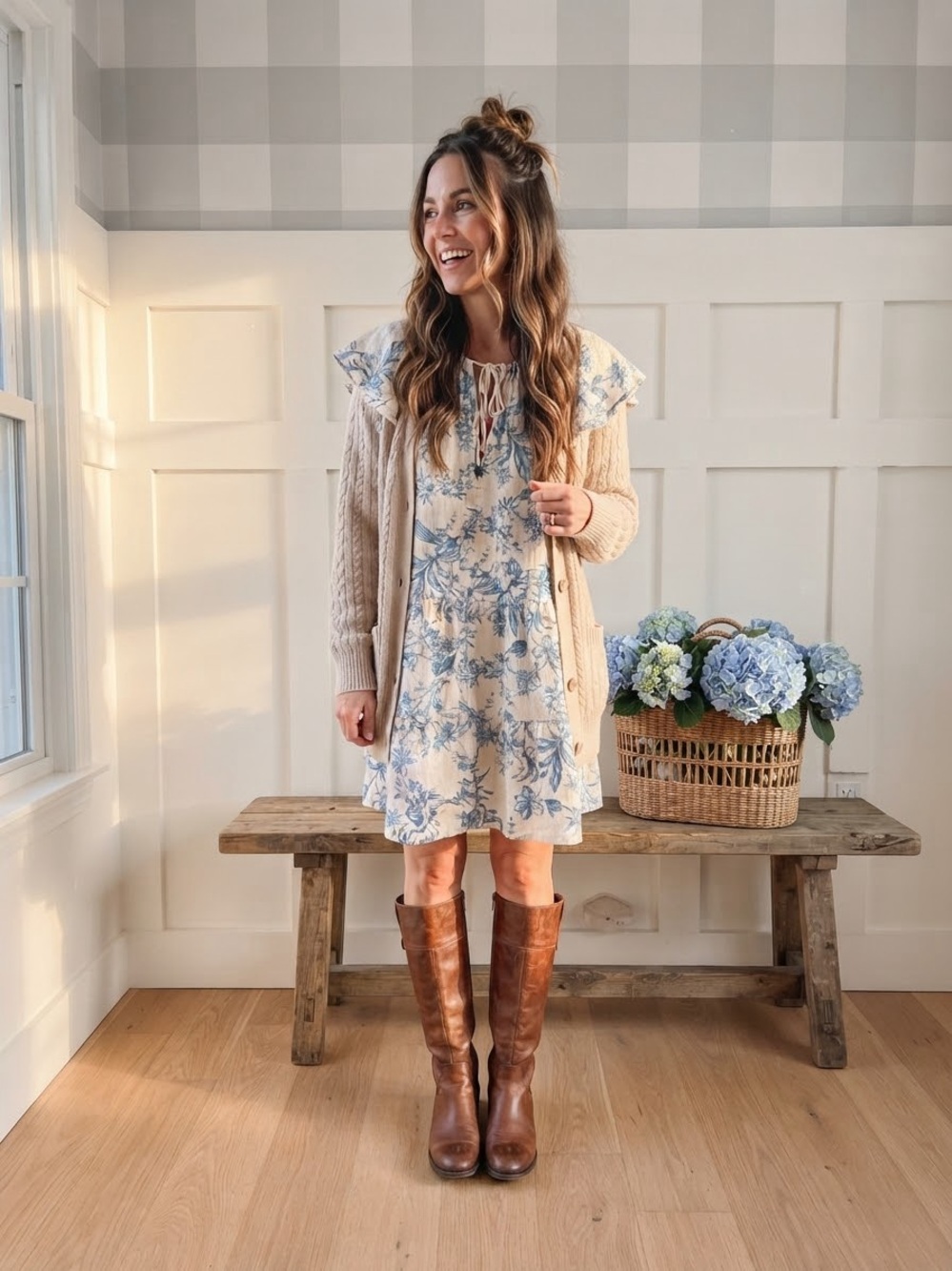 Free People Cream Dress with Blue Floral Print and Ruffle Collar Medium